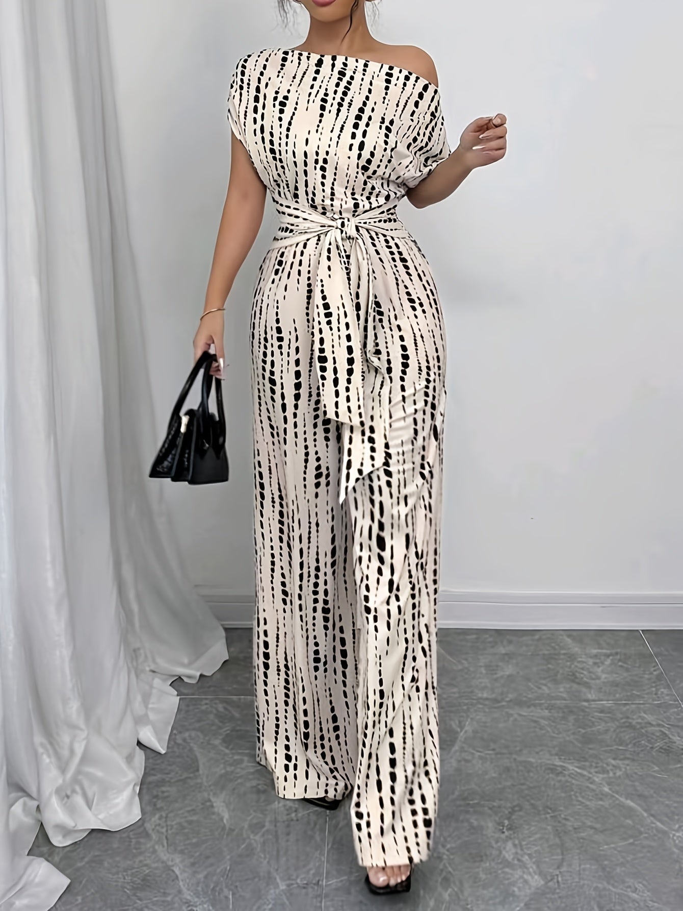Wide-leg Jumpsuit, High-waisted Summer Women's Tie-up Printed Commuting Jumpsuit
