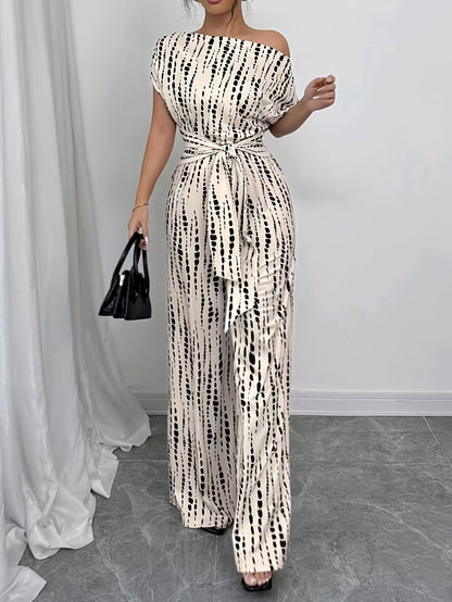 Wide-leg Jumpsuit, High-waisted Summer Women's Tie-up Printed Commuting Jumpsuit