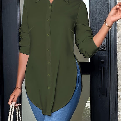 Women'S Elegant Long Sleeve Button-Front Blouse - Non-See-Through Shirt with Side Slit, All-Season Office & Everyday Blouse for Women, Professional Casual Outfits - Easy-care Clothing, Ladies Blouses, Work Attire, Stylish Shirt, Fashion Lovers