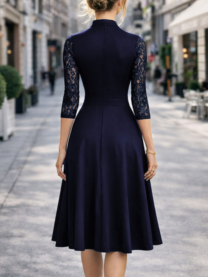 Women's Slim-fit Dress, Elegant Tailored Design, Suitable for Both Commuting and Parties, Long Sleeves with Lace Detailing, Waist-cinching Design, Mid-length for Autumn and Winter Workwear