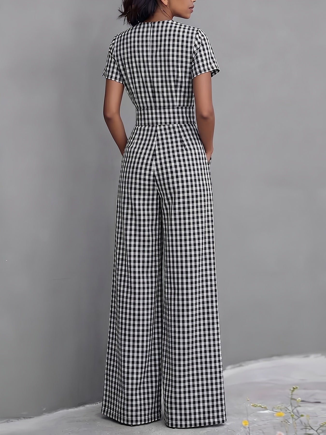 2026 Spring Summer Plaid V-Neck Short Sleeve Jumpsuit Women's, High-Waist Wide-Leg Straight Long Pants, Commute Casual Two-Wear, Waist-Cinching Design Flowing Wide-Leg Trousers