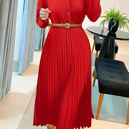 Spring/Autumn Long Sleeve Lapel Elegant Fashion Versatile Ruched Dress with Belt, Women'S