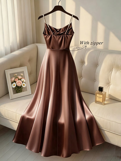 [Pearl Strap] Satin Cami Retro Dress, Suitable for Parties, Weddings, Dates, And Commuting, Luxurious Dress