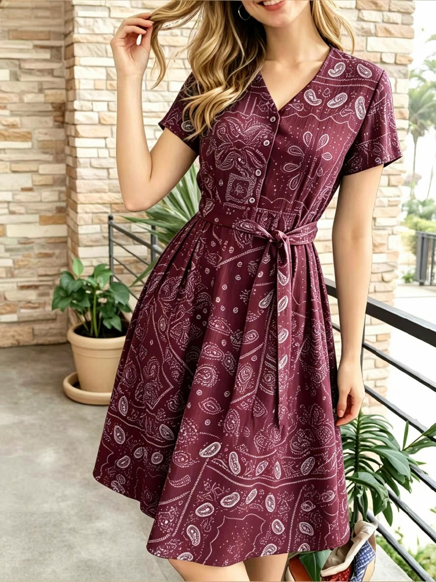 [Vintage Midi Dress] Women's Vintage Blue Print Midi Dress - V-Neck Button Shirt Dress with Pockets & Belt - Casual Commute Vacation Wear for Ladies