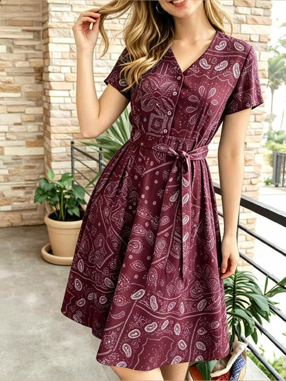 [Vintage Midi Dress] Women's Vintage Blue Print Midi Dress - V-Neck Button Shirt Dress with Pockets & Belt - Casual Commute Vacation Wear for Ladies