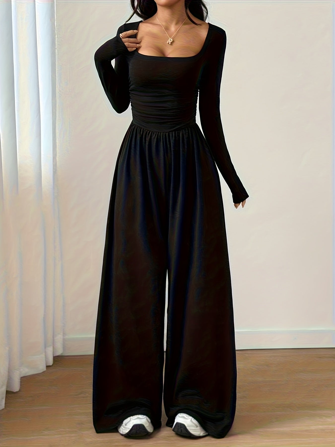 Solid Color Women's Classic Casual Square Neck Long Sleeve Jumpsuit