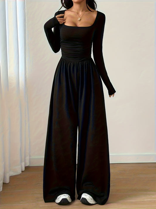 Solid Color Women's Classic Casual Square Neck Long Sleeve Jumpsuit