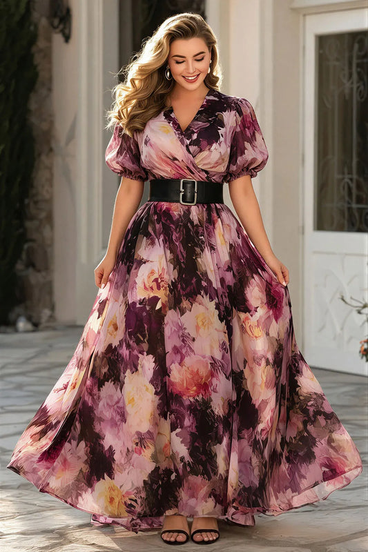 Elegant Purple Floral Maxi Dress for Women with V Neck Puff Sleeve Belted Wrap Flowing Formal Wedding Guest Style