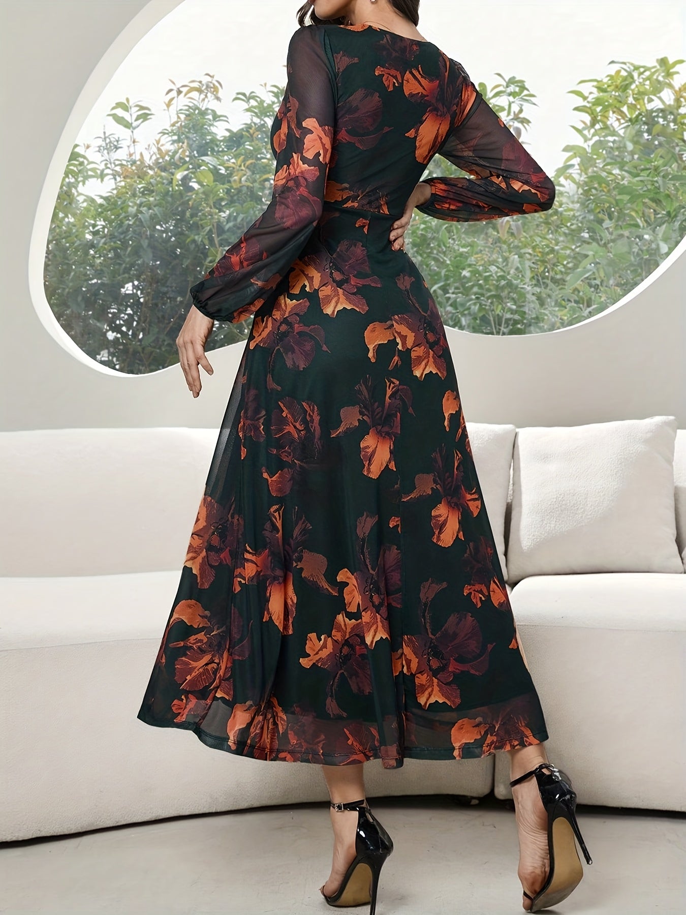 Women's Lace Dress WJ435, Elegant Floral Cinched Waist Long Dress, Deep V-Neck, Business Party, Spring/Autumn, Yellow Black Print Lace
