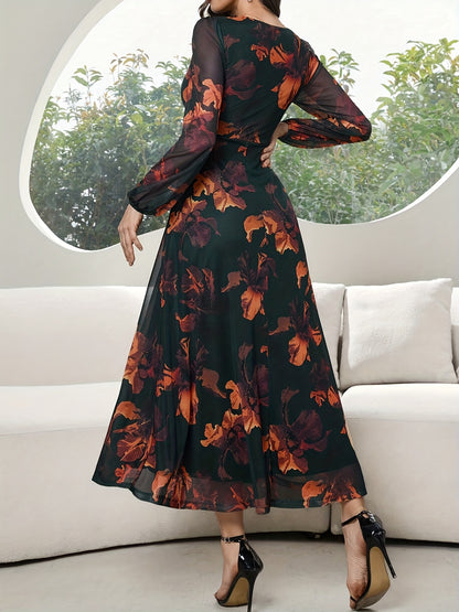 Women's Lace Dress WJ435, Elegant Floral Cinched Waist Long Dress, Deep V-Neck, Business Party, Spring/Autumn, Yellow Black Print Lace