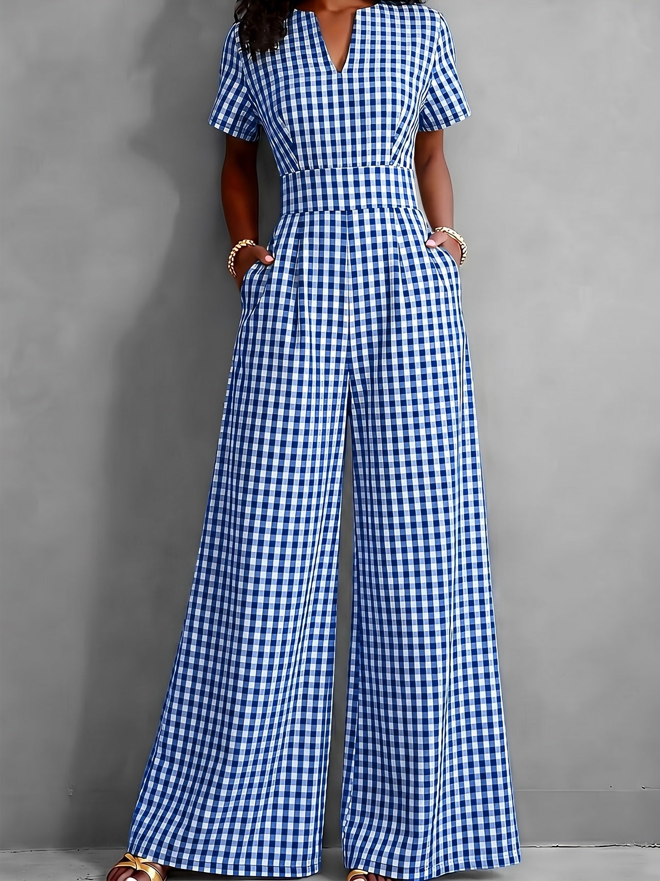 2026 Spring Summer Plaid V-Neck Short Sleeve Jumpsuit Women's, High-Waist Wide-Leg Straight Long Pants, Commute Casual Two-Wear, Waist-Cinching Design Flowing Wide-Leg Trousers