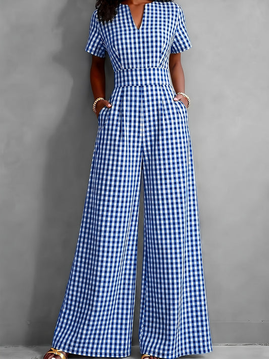 2026 Spring Summer Plaid V-Neck Short Sleeve Jumpsuit Women's, High-Waist Wide-Leg Straight Long Pants, Commute Casual Two-Wear, Waist-Cinching Design Flowing Wide-Leg Trousers
