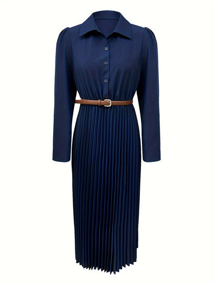 Spring/Autumn Long Sleeve Lapel Elegant Fashion Versatile Ruched Dress with Belt, Women'S