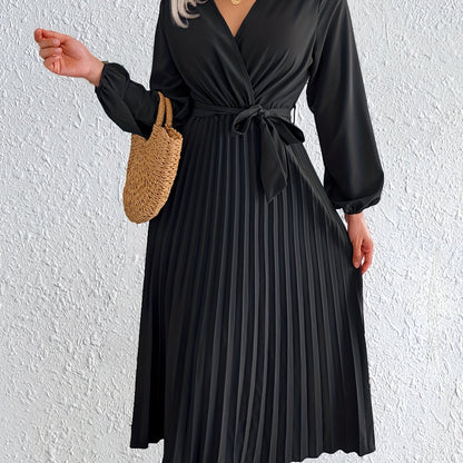 Style Autumn Winter Western Ins Hot Item Temperament V-Neck Flared Pleated Maxi Dress