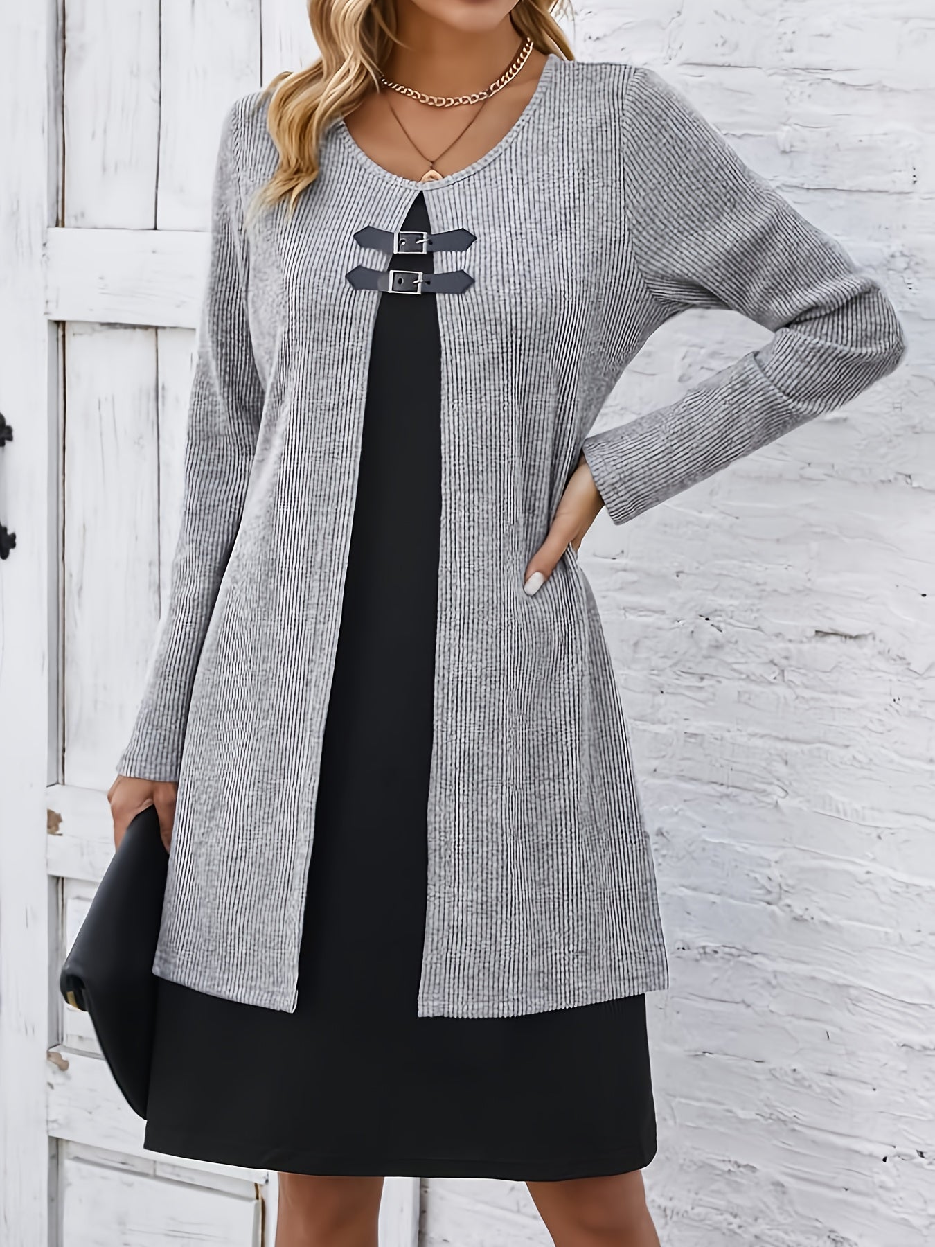 Autumn/Winter New Round Neck 2-in-1 Look Spliced Color-Block Women's Fashion Elegant Dress
