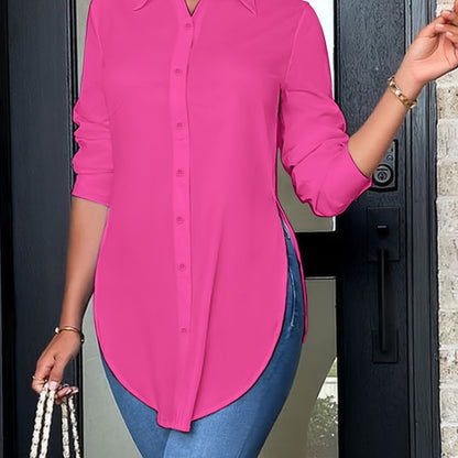 Women'S Elegant Long Sleeve Button-Front Blouse - Non-See-Through Shirt with Side Slit, All-Season Office & Everyday Blouse for Women, Professional Casual Outfits - Easy-care Clothing, Ladies Blouses, Work Attire, Stylish Shirt, Fashion Lovers