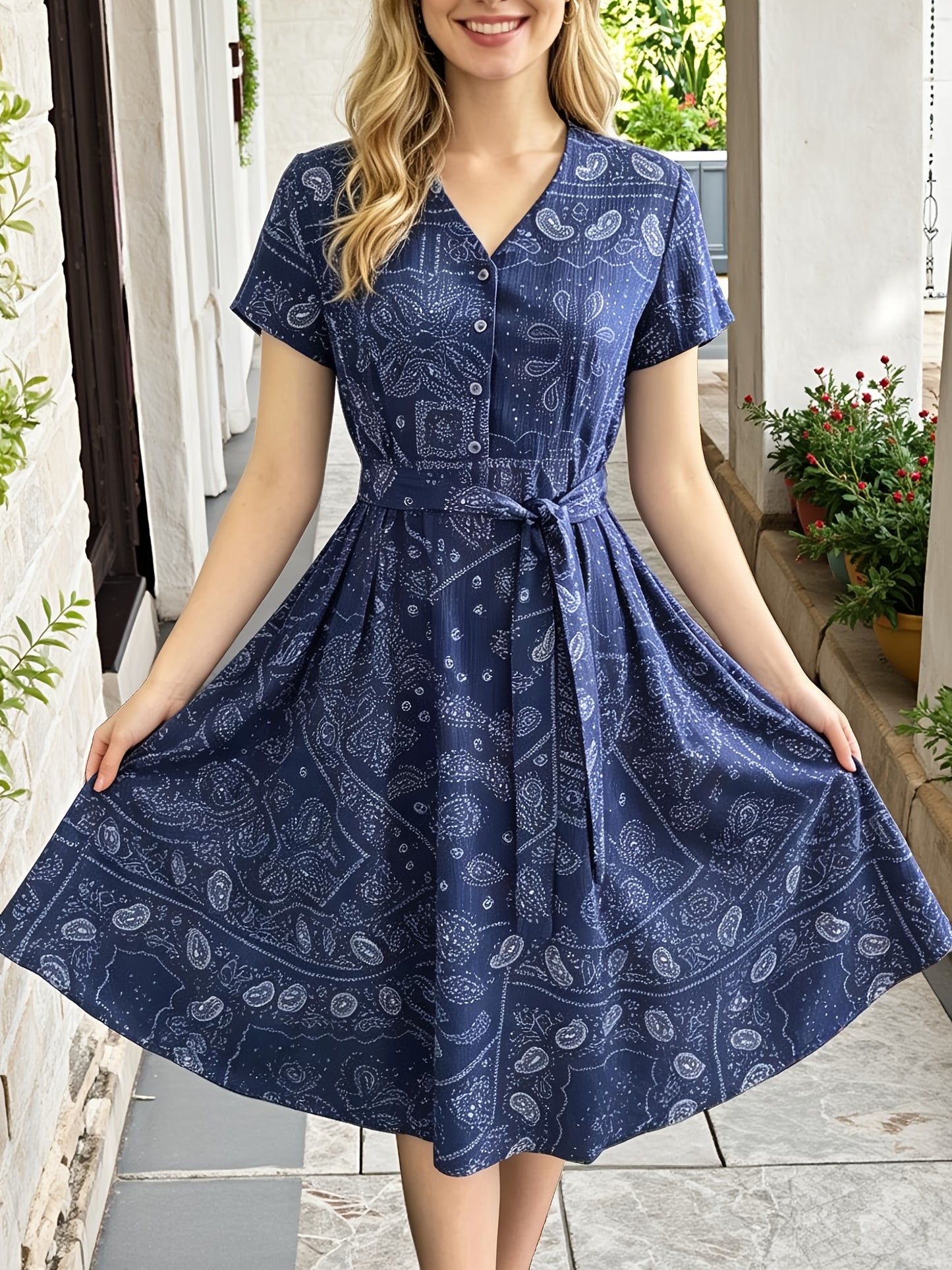 [Vintage Midi Dress] Women's Vintage Blue Print Midi Dress - V-Neck Button Shirt Dress with Pockets & Belt - Casual Commute Vacation Wear for Ladies
