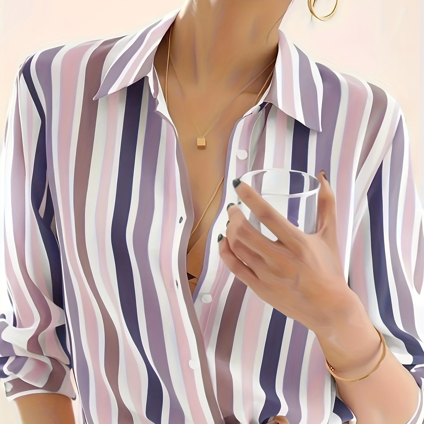 Women'S Casual Striped Shirt, Button-Up Design, Made Of, Suitable for Spring, Summer, And Autumn Casual Or Formal Wear | Classic Lapel Fashion Button-Up, Elegant Women'S Shirt, Beautiful Women'S Shirt, Autumn Women'S Top Trend, Women'S Clothing