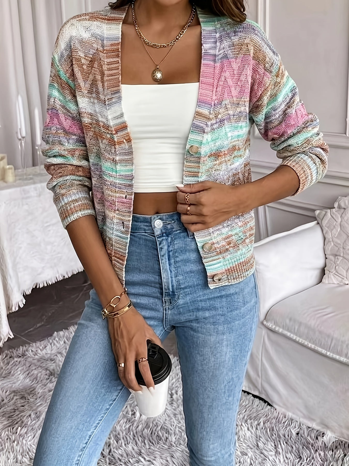 Women's Cardigan Sweater, Soft Acrylic Gradient Color Block Lightweight Blouse, Hand Washable Glossy Vibe, Suitable for Spring Summer Fall Winter Layering, Elegant for Home Office & Casual Wear
