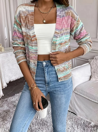 Women's Cardigan Sweater, Soft Acrylic Gradient Color Block Lightweight Blouse, Hand Washable Glossy Vibe, Suitable for Spring Summer Fall Winter Layering, Elegant for Home Office & Casual Wear