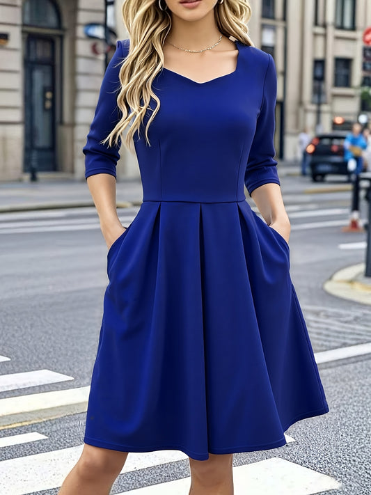 Elegant Royal Blue Midi Dress for Women with Sweetheart Neck Elbow Sleeve Pleated A Line Style