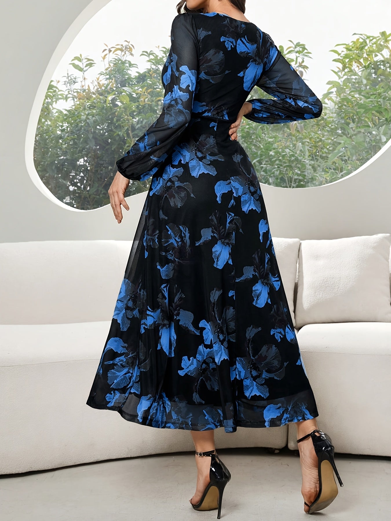 Women's Lace Dress WJ435, Elegant Floral Cinched Waist Long Dress, Deep V-Neck, Business Party, Spring/Autumn, Yellow Black Print Lace