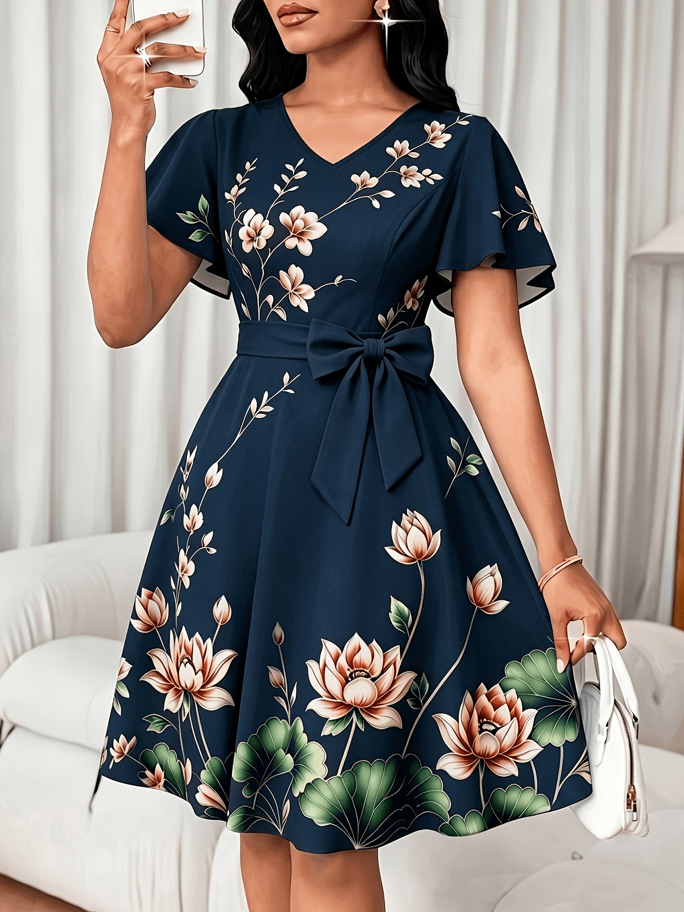 V-Neck Dress, Elegant Floral Print Short Sleeve, Waist-Cinching A-Line Midi Dress, Versatile Women's Wear for Commuting, Parties, and Daily Wear