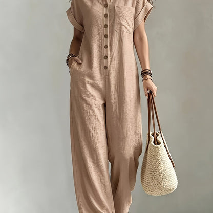 Women's Summer Short Sleeve Jumpsuit/Collared Single-Row Button Loose Straight Style/Casual Cargo Overalls/Loose Straight Drape Long Pants/Daily Commute Casual All-Match Fashion Comfortable