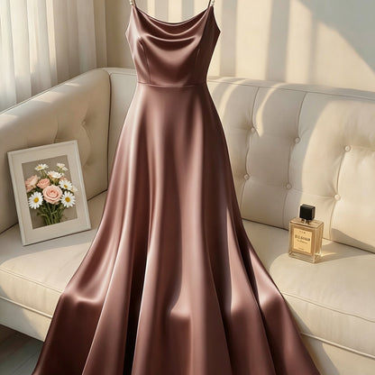 [Pearl Strap] Satin Cami Retro Dress, Suitable for Parties, Weddings, Dates, And Commuting, Luxurious Dress