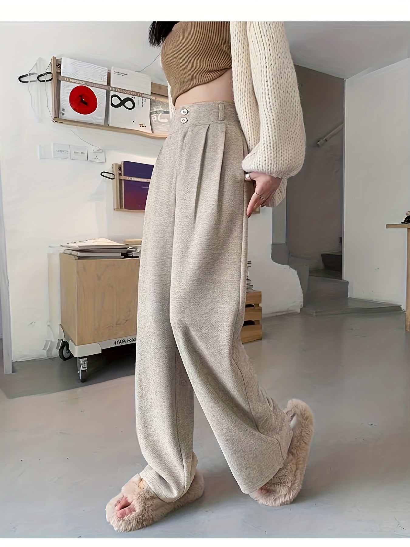 Women's Simple Commuter Straight-Leg Loose Elastic Pants, Draping Tweed Wide-Leg Trousers, Autumn-Winter Women's Clothing, Elegant Casual Long Pants, High-Waisted Suit Pants