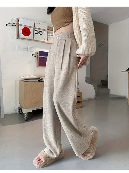 Women's Simple Commuter Straight-Leg Loose Elastic Pants, Draping Tweed Wide-Leg Trousers, Autumn-Winter Women's Clothing, Elegant Casual Long Pants, High-Waisted Suit Pants