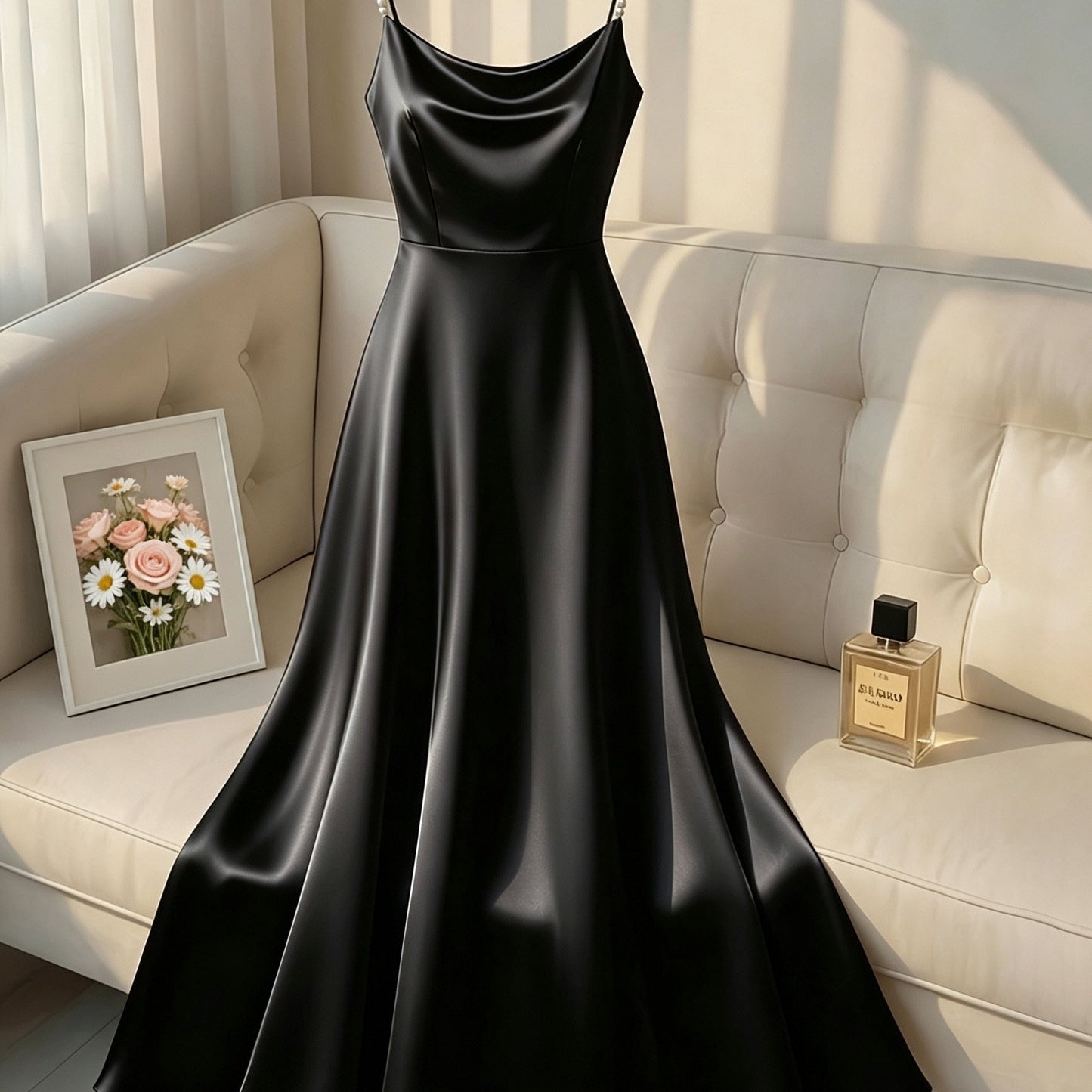 [Pearl Strap] Satin Cami Retro Dress, Suitable for Parties, Weddings, Dates, And Commuting, Luxurious Dress