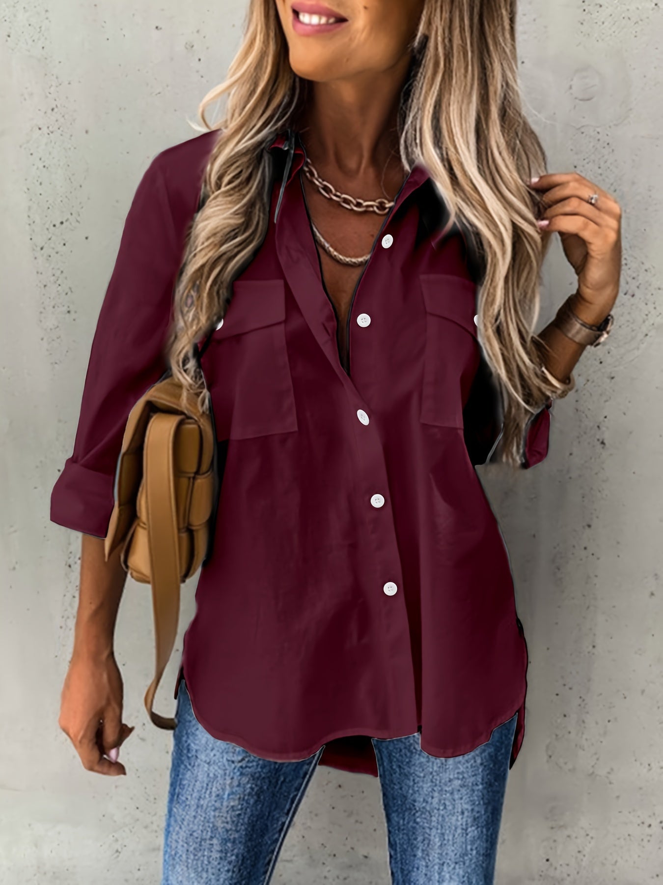 Button Front Long Sleeve Shirt, Casual Solid Office Shirt With Collar, Women's Clothing