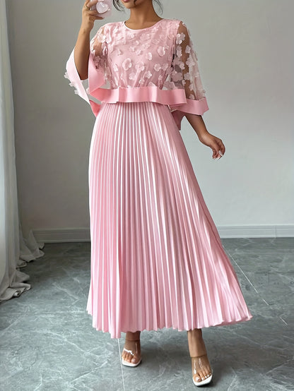 Elegant Floral Applique Two Piece Set for Women with Round Neck Flutter Sleeve Pleated Maxi Skirt Formal Style