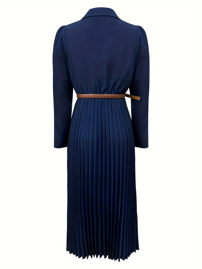 Spring/Autumn Long Sleeve Lapel Elegant Fashion Versatile Ruched Dress with Belt, Women'S
