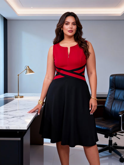 Elegant Red Colorblock Midi Dress for Women with Notch Neck Sleeveless Crisscross Waist Fit and Flare Style