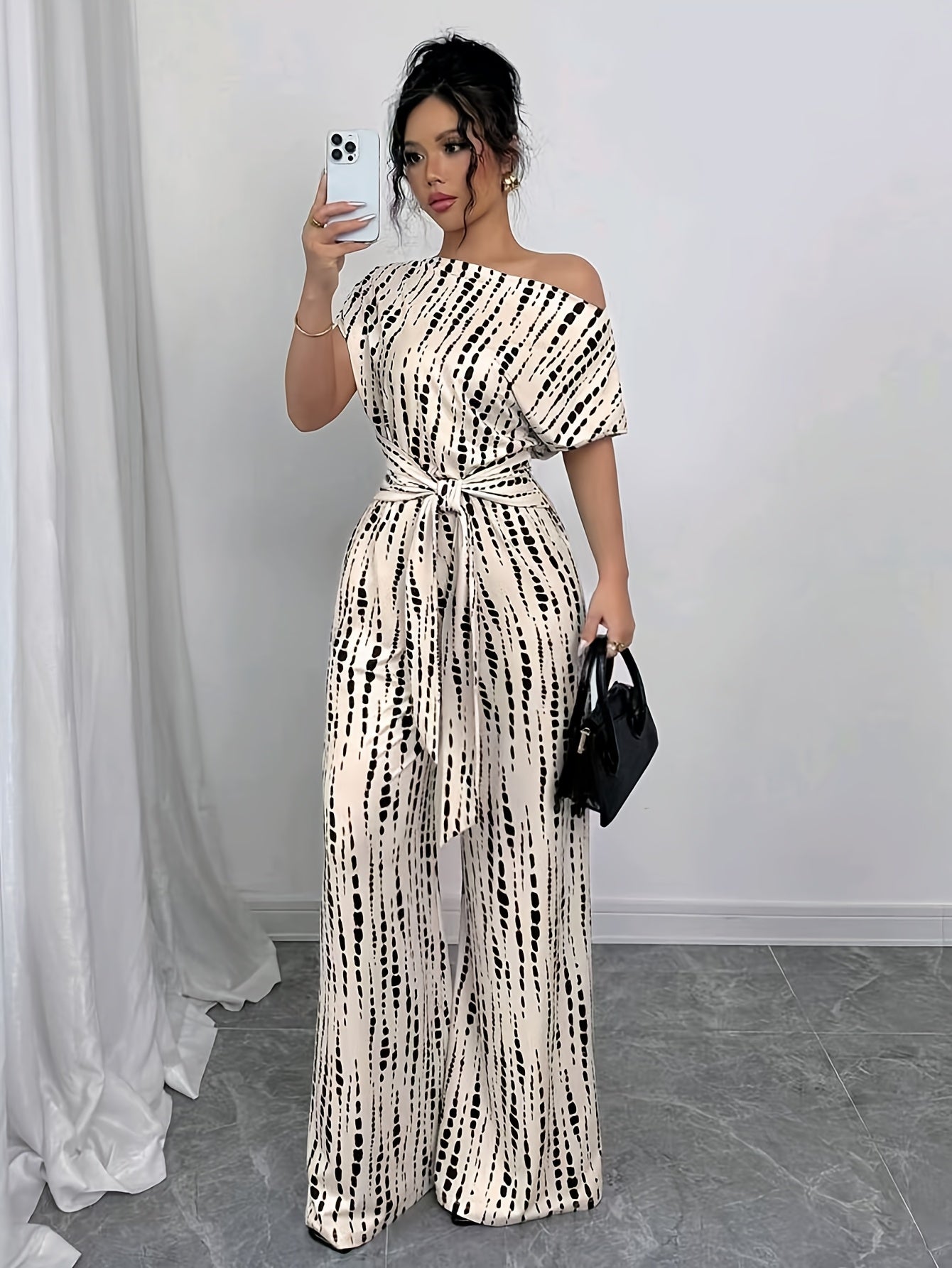 Wide-leg Jumpsuit, High-waisted Summer Women's Tie-up Printed Commuting Jumpsuit