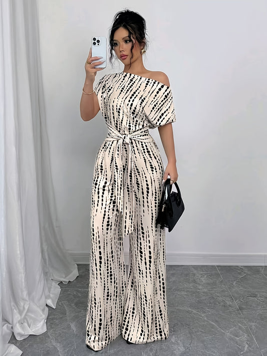 Wide-leg Jumpsuit, High-waisted Summer Women's Tie-up Printed Commuting Jumpsuit