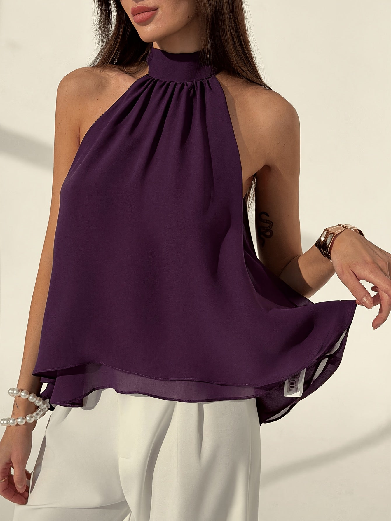 Plum Purple Women's Sexy Bohemian Minimalist Off-Shoulder Ruched Chiffon A-Line Top, Spring/Summer Style, Spring Women's Wear, Beach Vacation Outfit, Summer Holiday Attire, Casual Top, Women's Vacation Wear
