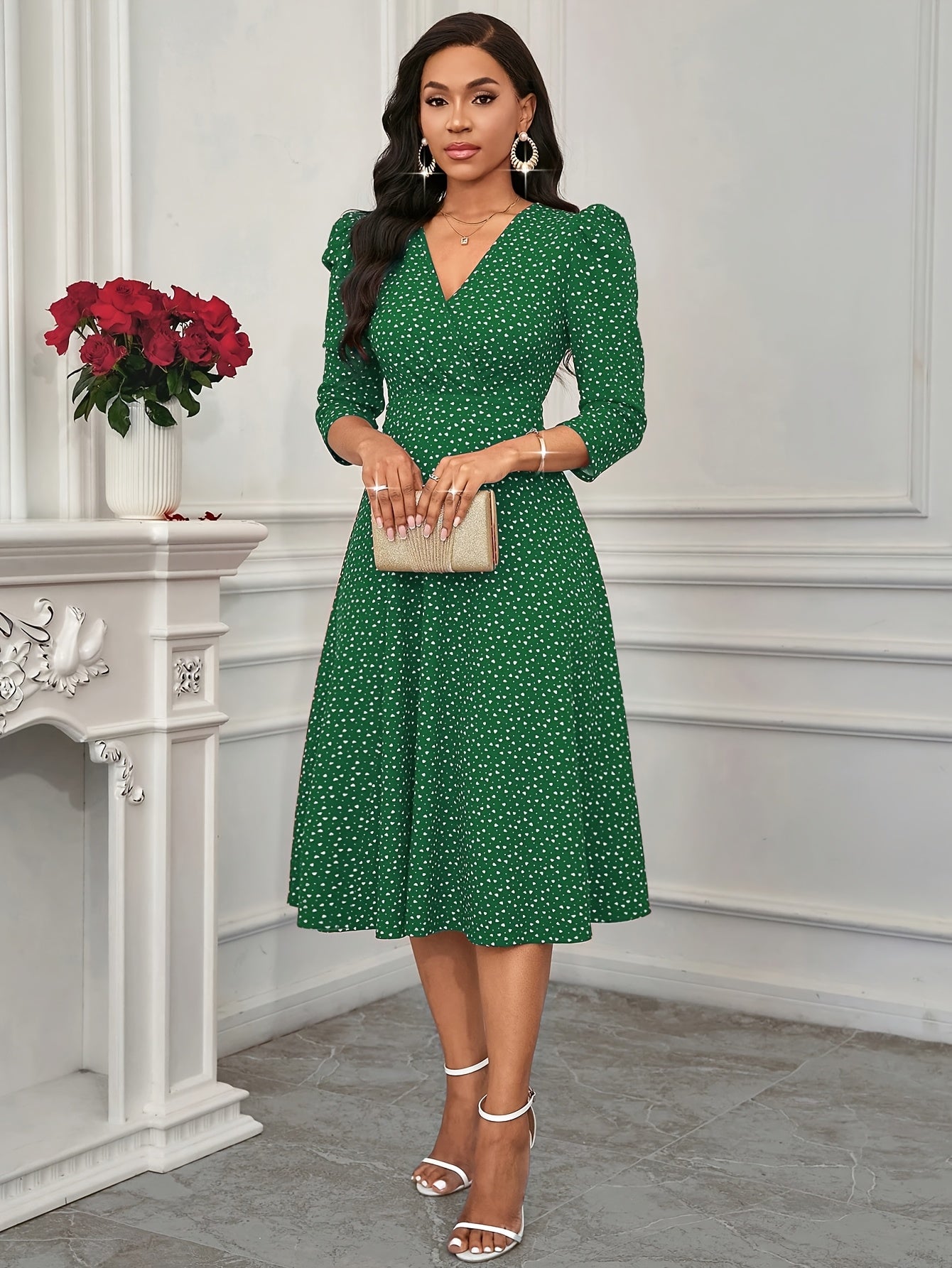 Women'S Valentine'S Day/New Year Party/Daily Work/Four Seasons Suitable Elegant Fashionable Versatile Daily Dating Round Neck Three Quarter Sleeve Waist Flared Long Red Dress, Little Heart Dress