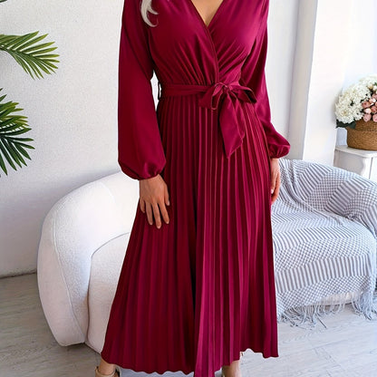 Style Autumn Winter Western Ins Hot Item Temperament V-Neck Flared Pleated Maxi Dress