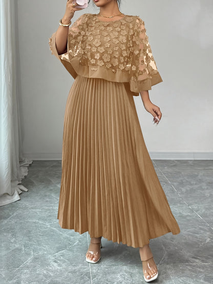 Elegant Floral Applique Two Piece Set for Women with Round Neck Flutter Sleeve Pleated Maxi Skirt Formal Style