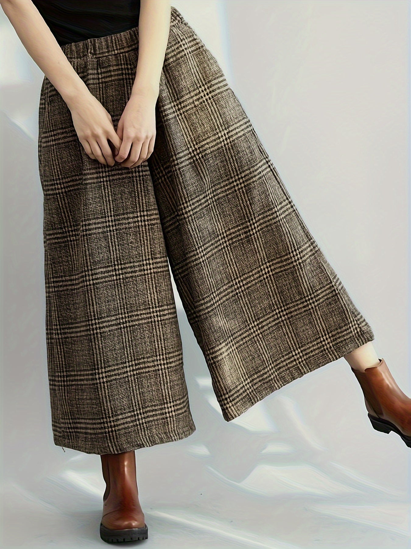 Retro Casual Wide-Leg Pants with Checkered Pattern