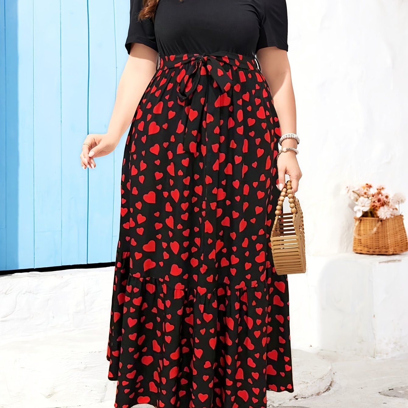 Plus Size, Plus Size Summer Dress with Round Neck, Puff Short Sleeves, Ruffled Hem, and Belted Print Design. Flowy Vacation Dress for Summer, Mid-length Fashionable Dress with Waist-cinching Effect