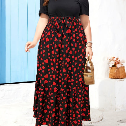 Plus Size, Plus Size Summer Dress with Round Neck, Puff Short Sleeves, Ruffled Hem, and Belted Print Design. Flowy Vacation Dress for Summer, Mid-length Fashionable Dress with Waist-cinching Effect