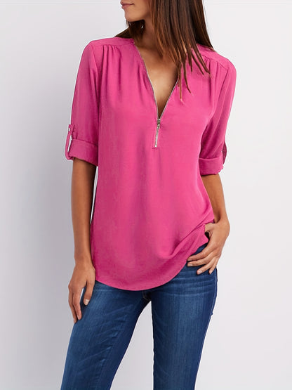V-Neck Zipper Women'S Long-Sleeved Roll-Up Sleeve Loose Chiffon Shirt