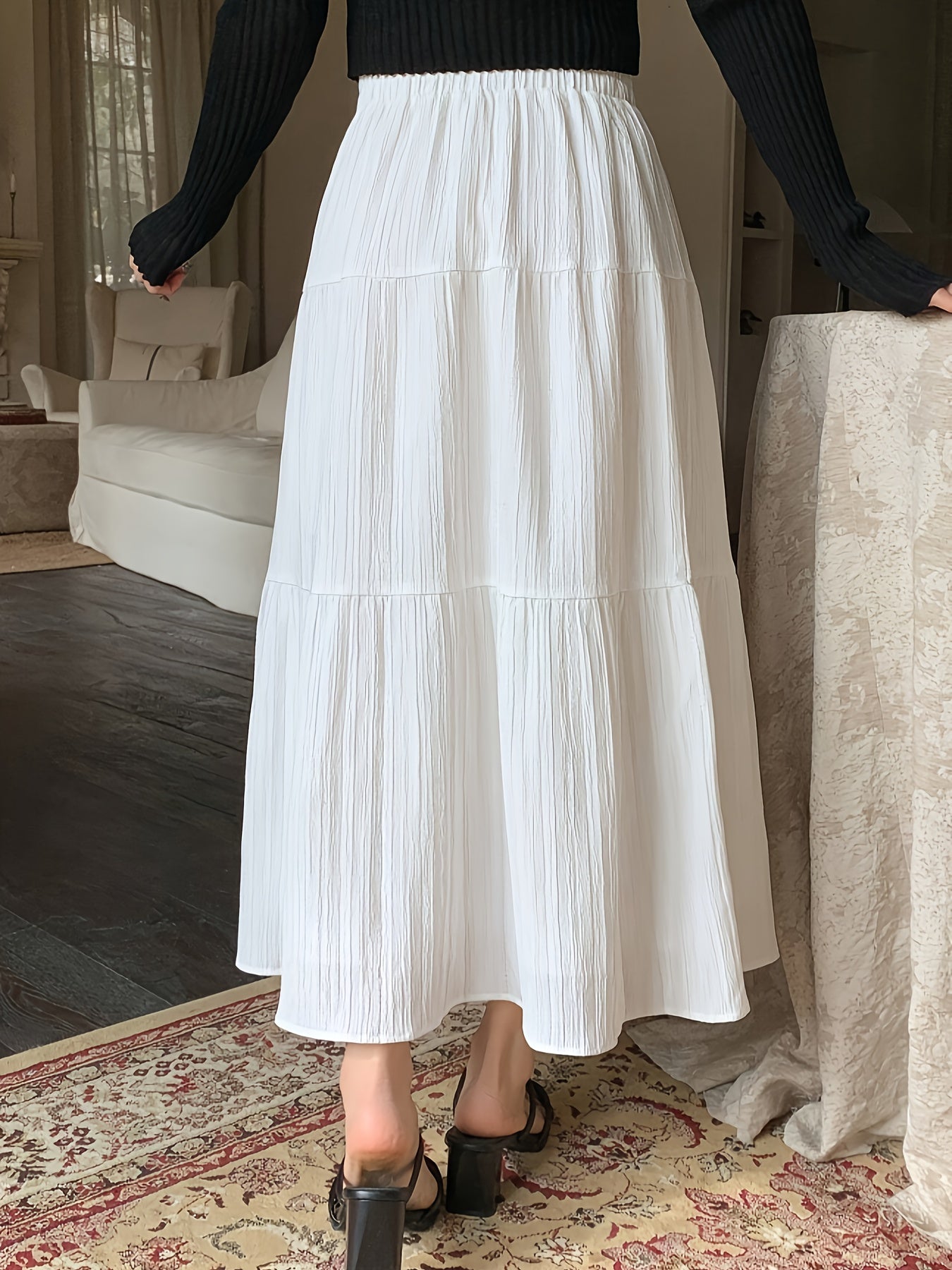 Midi Skirt Summer / Cake High Waist New Elastic / Mid-Length Large Swing Skirt White