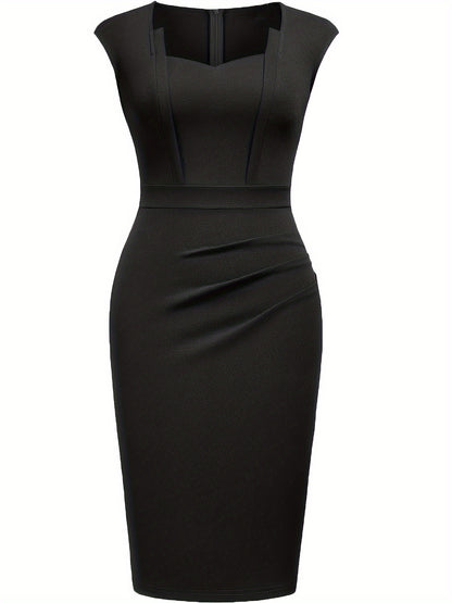 Women'S Square Neck Slim Dress, Easy Solid Color Elegant Sleeveless, Highlights The Waistline, Mid-Length Pencil Skirt