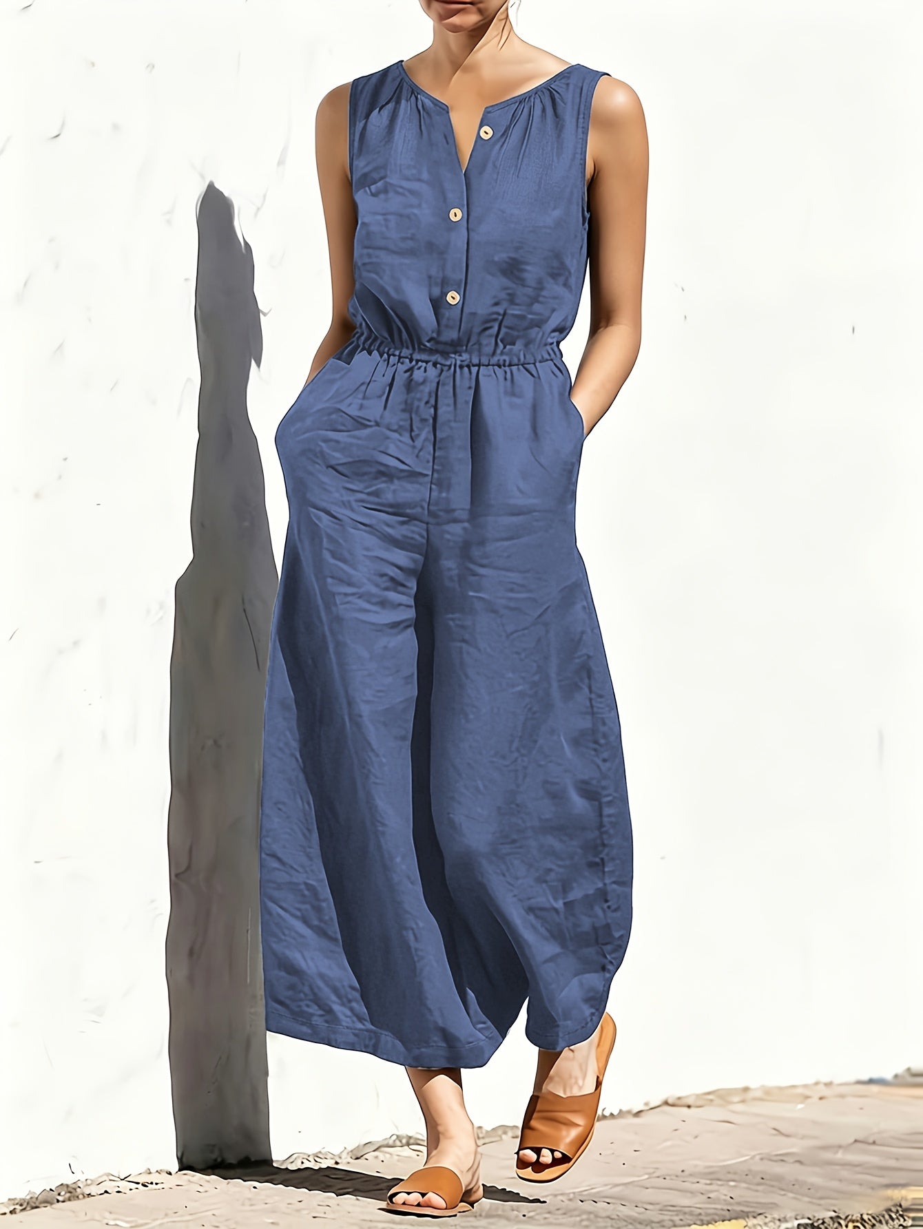 Commuting Style Navy Jumpsuit Sleeveless Button Waist Wide-Leg Casual Jumpsuit