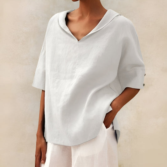Effortless Linen Blouse for Women with V Neck Collar Elbow Sleeve Relaxed Oversized Style